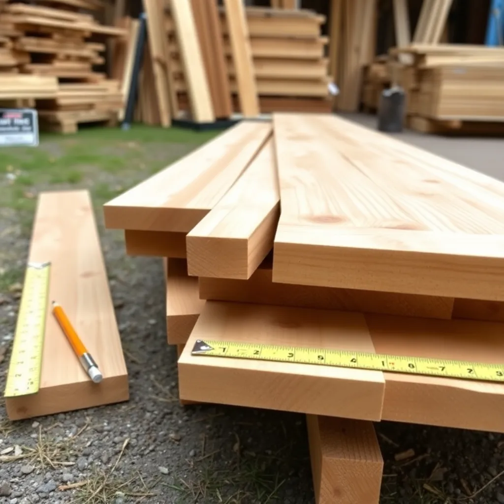 Straight cedar 2x4 and 1x4 boards laid out for porch swing material selection with tape measure