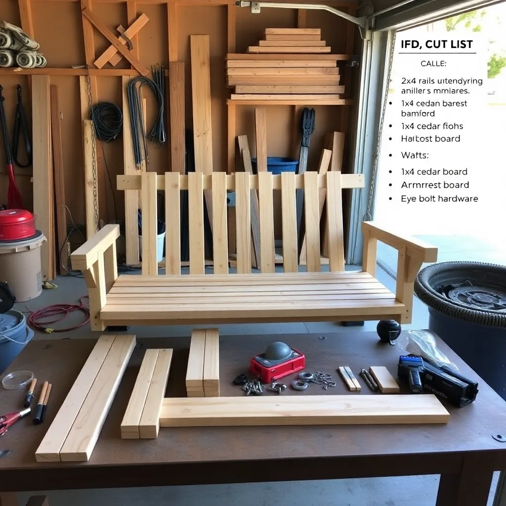 Classic porch swing materials laid out including 2x4 rails 1x4 slats armrests and eye bolt hardware