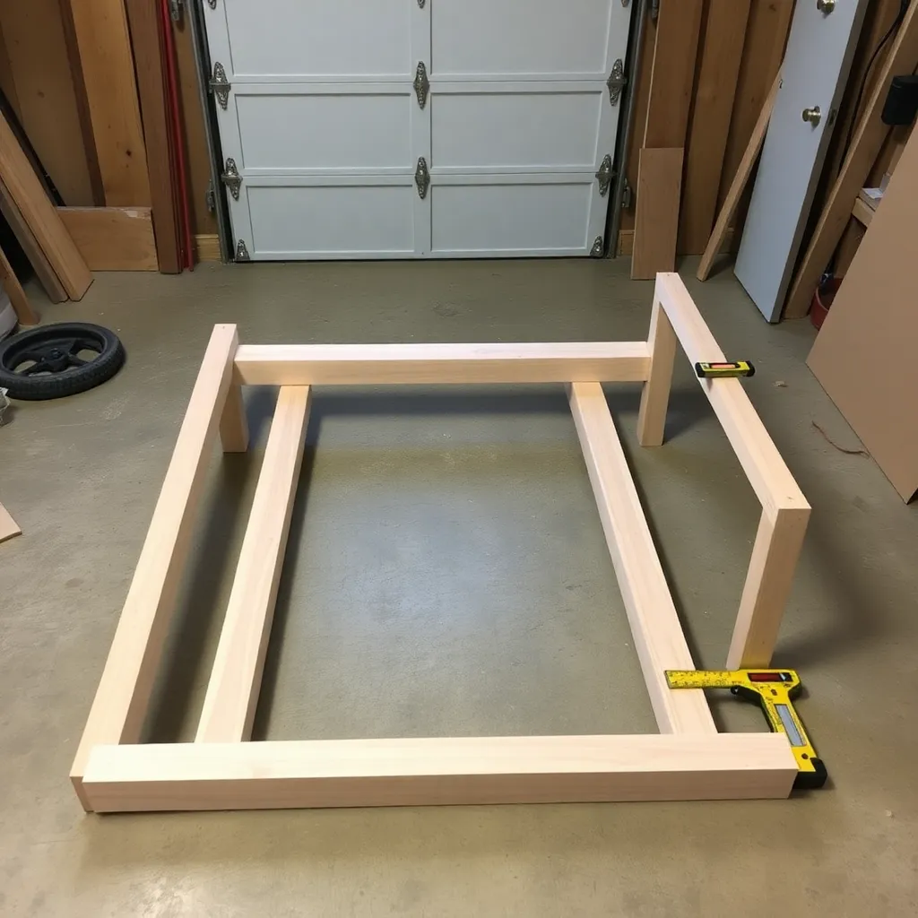 2x4 cedar seat frame box being assembled with long rails and side rails checked square on garage floor