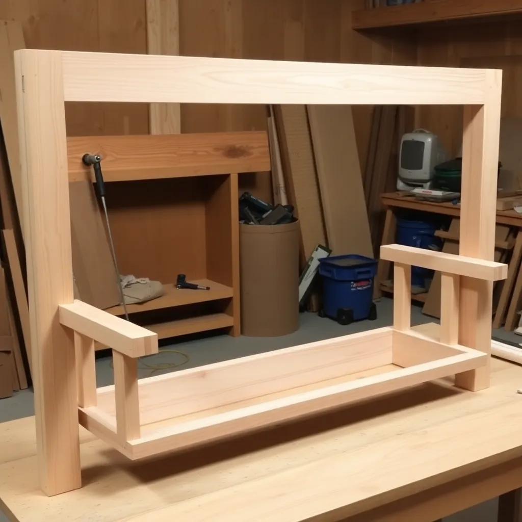 Cedar back frame for porch swing with bottom rail top rail and side stiles assembled at reclined angle