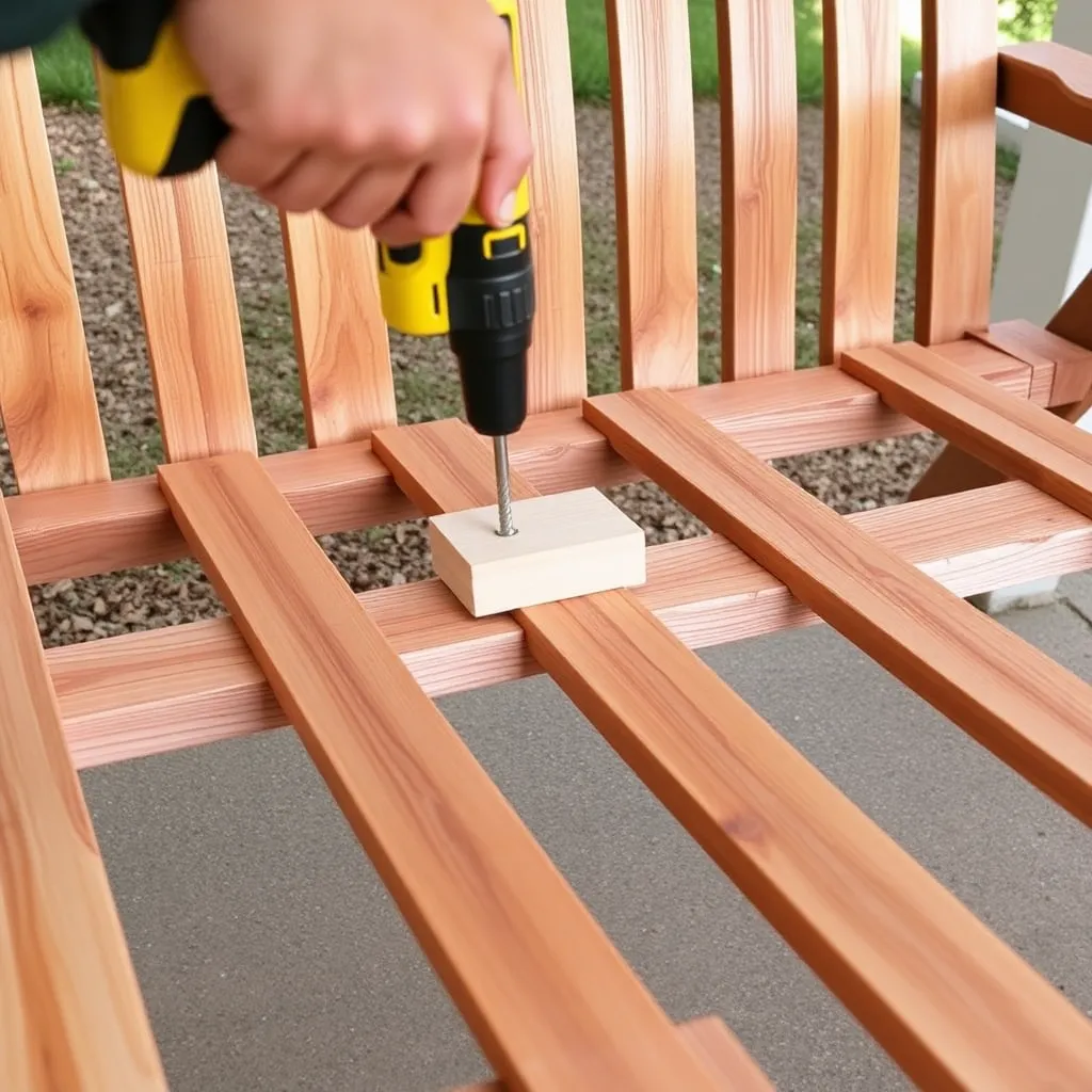 Cedar 1x4 slats being evenly spaced and screwed across porch swing seat frame with wood spacer