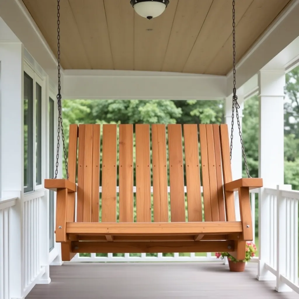 Completed classic cedar porch swing with armrests hanging from covered porch ceiling with chain