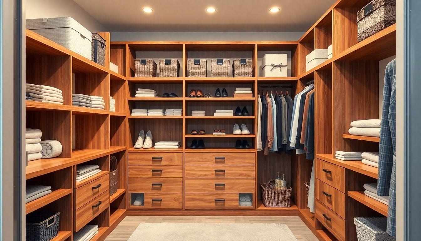 Organized walk-in closet with wood shelving