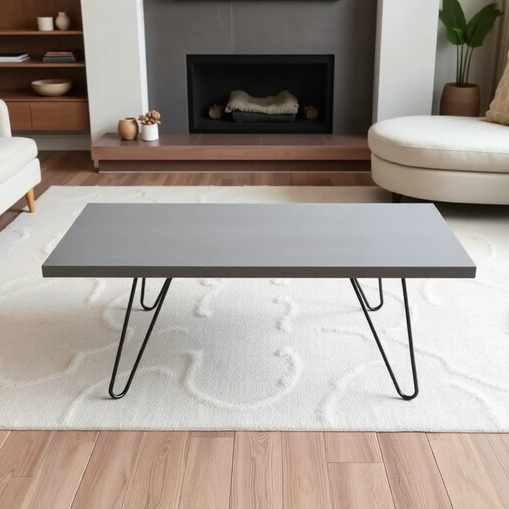Modern coffee table with smooth grey concrete top and black steel legs in a minimalist living room