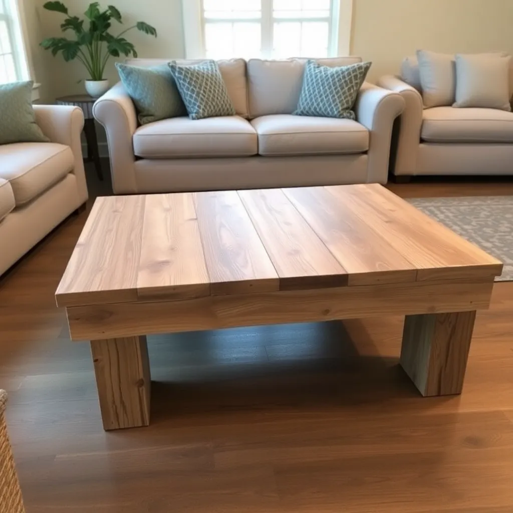 Rustic farmhouse coffee table built from pine boards with pocket hole joinery