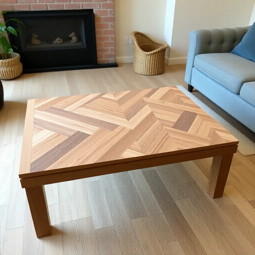 Coffee table with herringbone patterned top of alternating oak strips and tapered legs