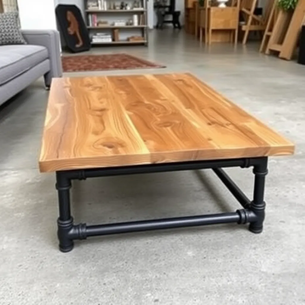 Industrial coffee table with black iron pipe legs and reclaimed wood top in a loft apartment