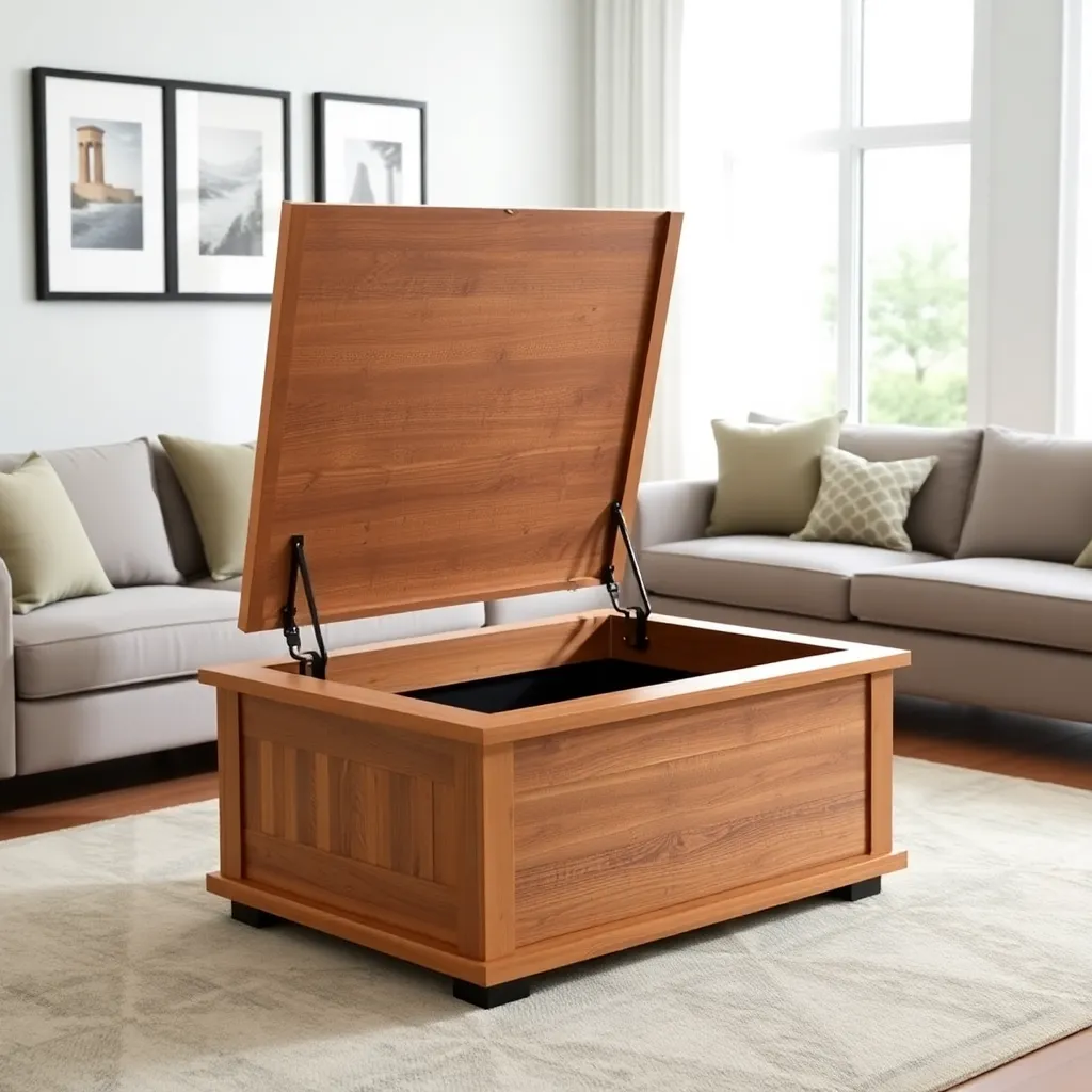 Lift top coffee table with top raised showing hidden storage compartment inside