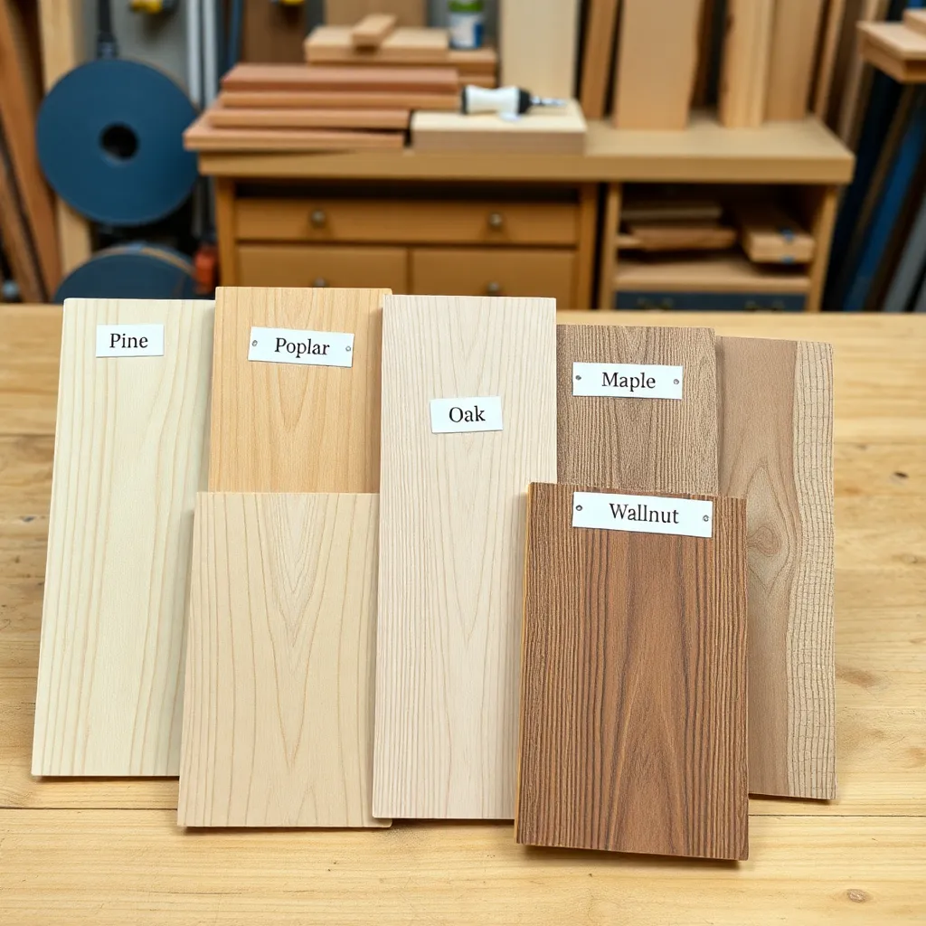 Seven wood species comparison samples for coffee table building on a workshop table
