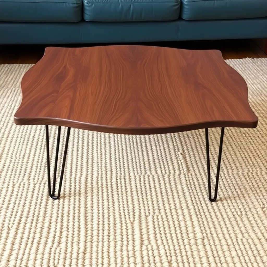 Mid-century modern coffee table with walnut top and hairpin legs on a woven rug