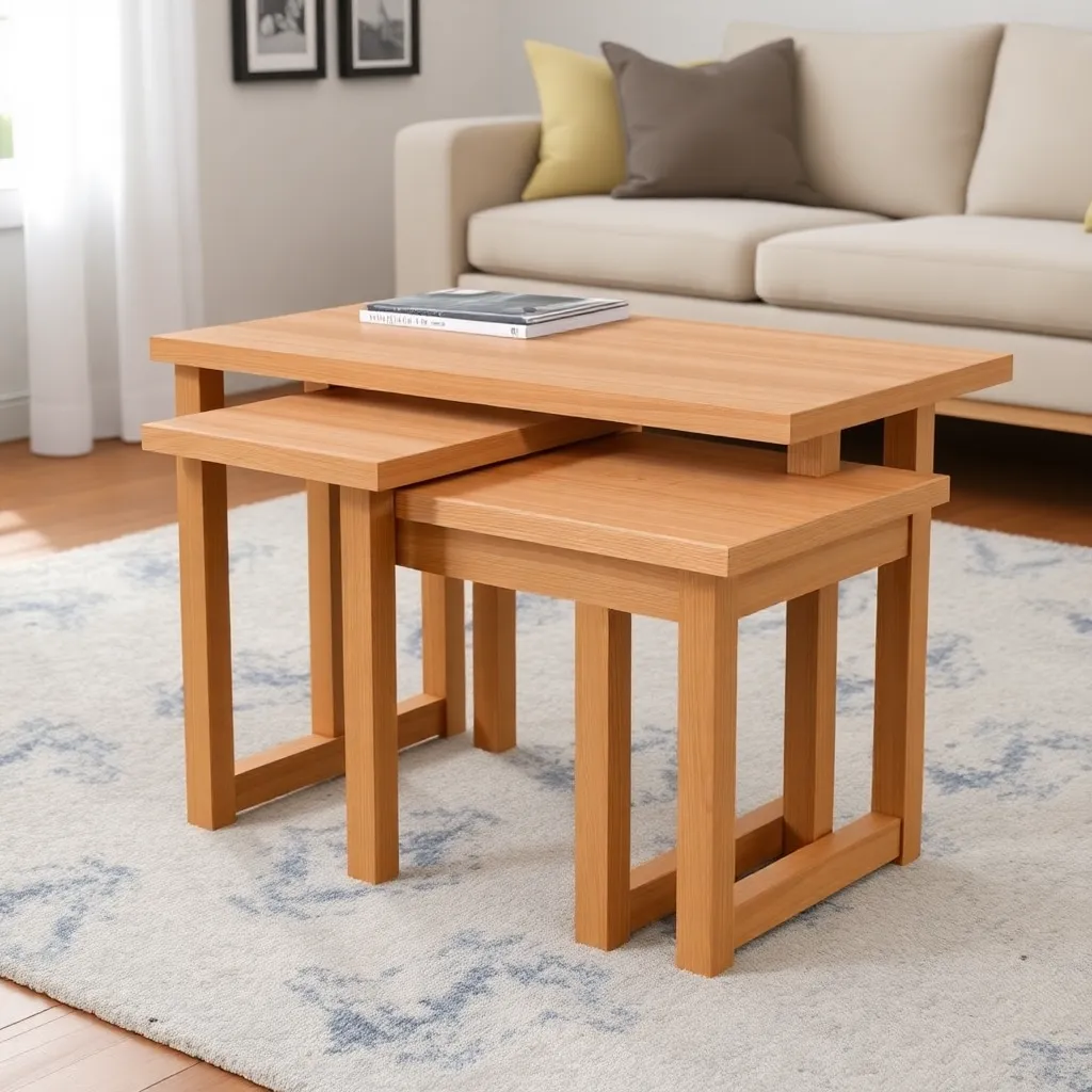 Set of three light oak nesting coffee tables partially spread out in a living room
