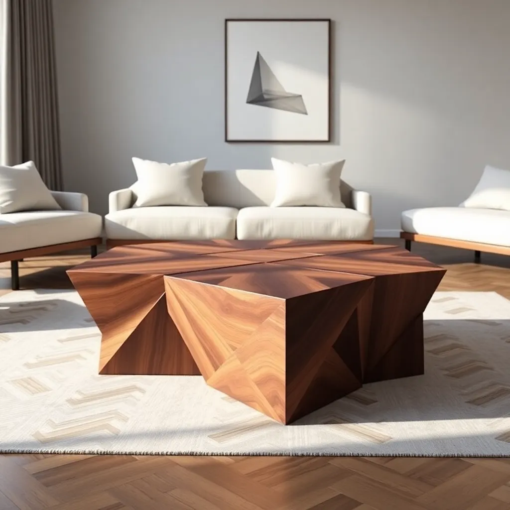 Geometric interlocking puzzle coffee table from dark walnut in a modern living room