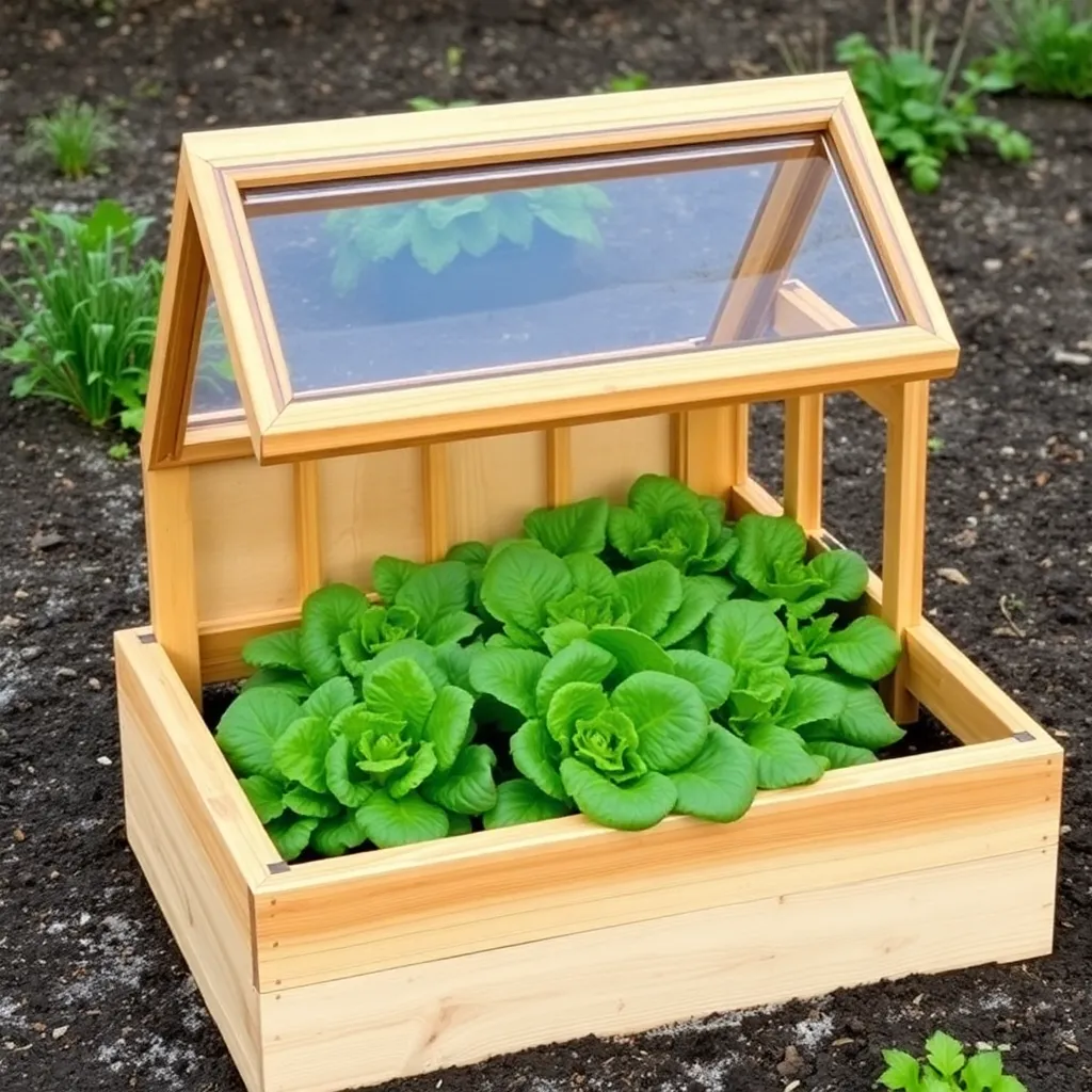 Cedar cold frame with hinged glass lid over raised vegetable bed with lettuce and spinach in early spring