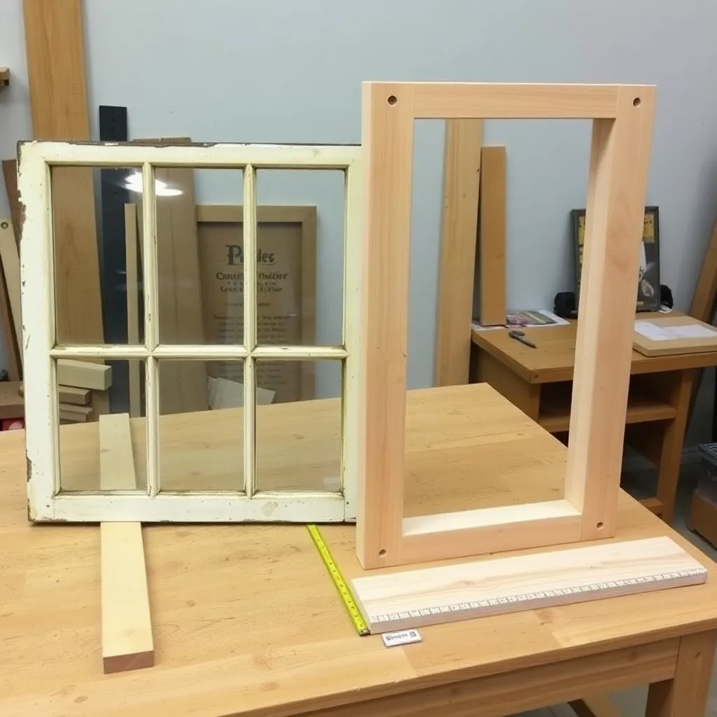Old double-hung window being measured next to cedar boards for cold frame box sizing