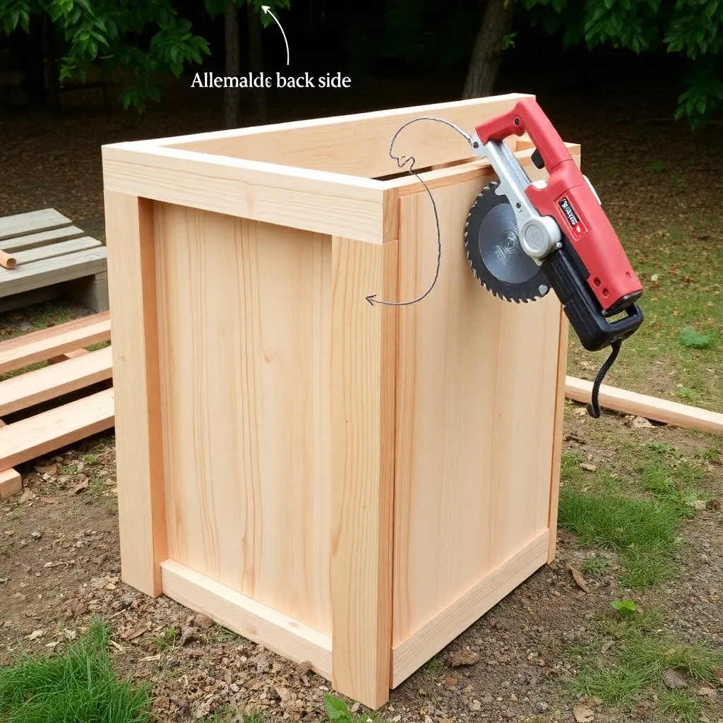 Cedar cold frame side wall being cut showing angled top edge for slope from 12-inch back to 10-inch front