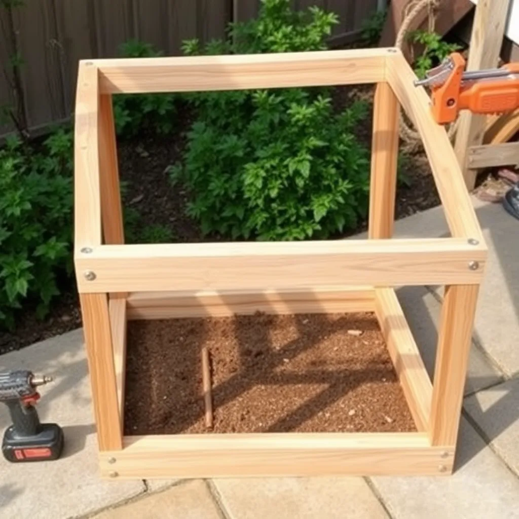 Cedar cold frame box being assembled with four boards screwed at corners on garden patio