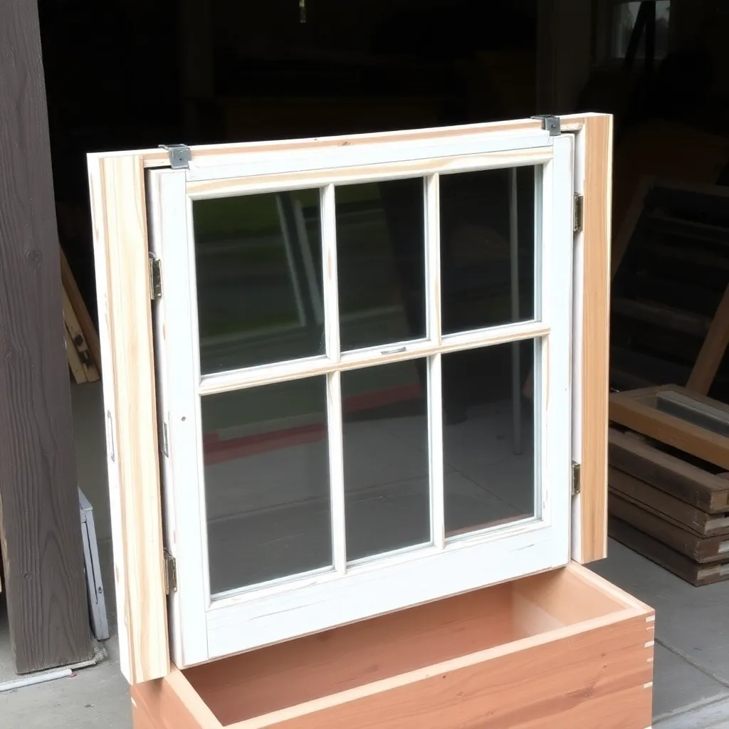 Salvaged window being attached as cold frame lid with piano hinge along back edge of cedar box