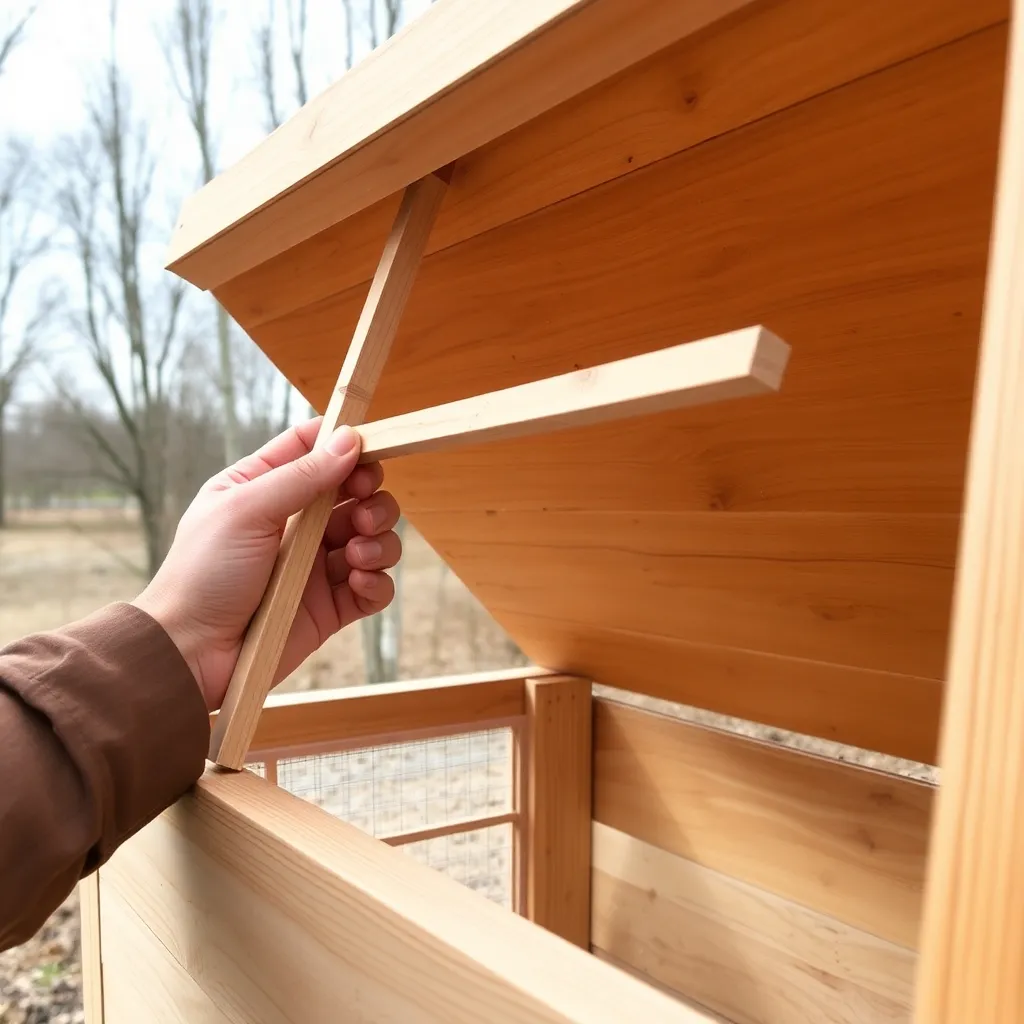 Notched cedar prop stick holding cold frame lid open at one of two ventilation heights