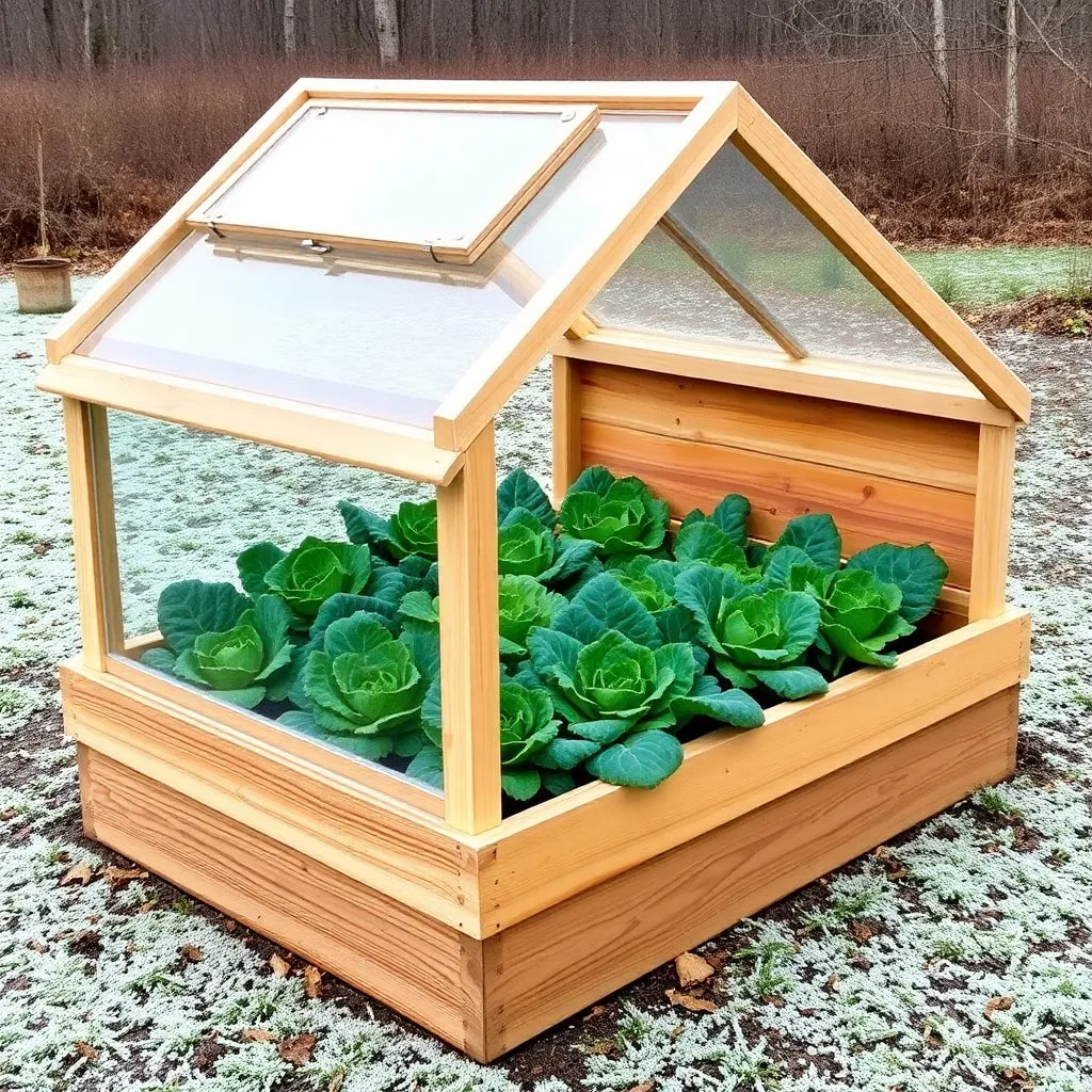 Finished cedar cold frame on raised bed in autumn with glass lid ajar and lettuce inside frost on ground