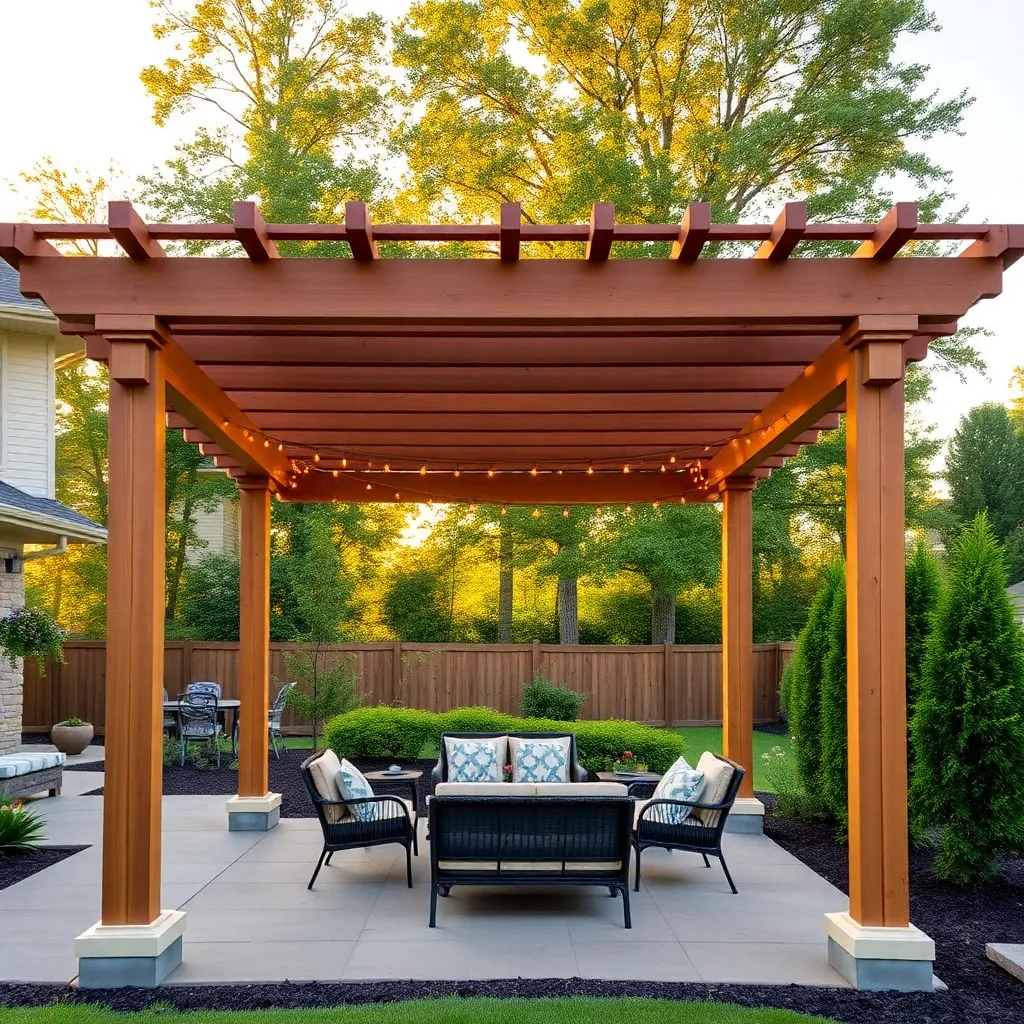 Stunning finished DIY cedar pergola with patio furniture and string lights in a backyard garden