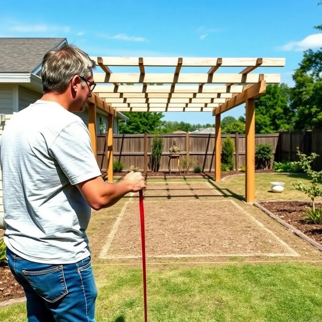 Homeowner measuring and staking out a pergola layout in a backyard with string lines