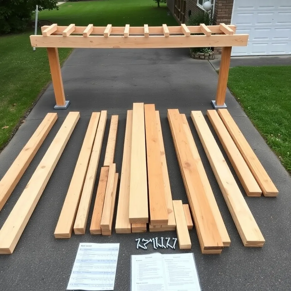 Cedar lumber and hardware cut list for a DIY pergola spread on a driveway