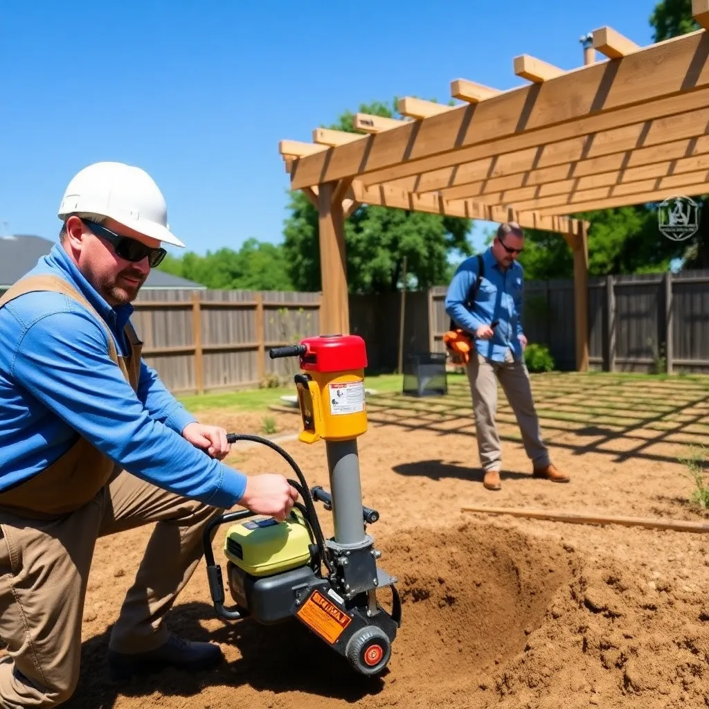 Two workers digging pergola post holes with a power auger in a backyard