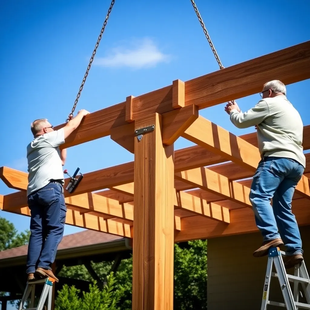 Two people lifting a doubled cedar beam onto pergola post caps