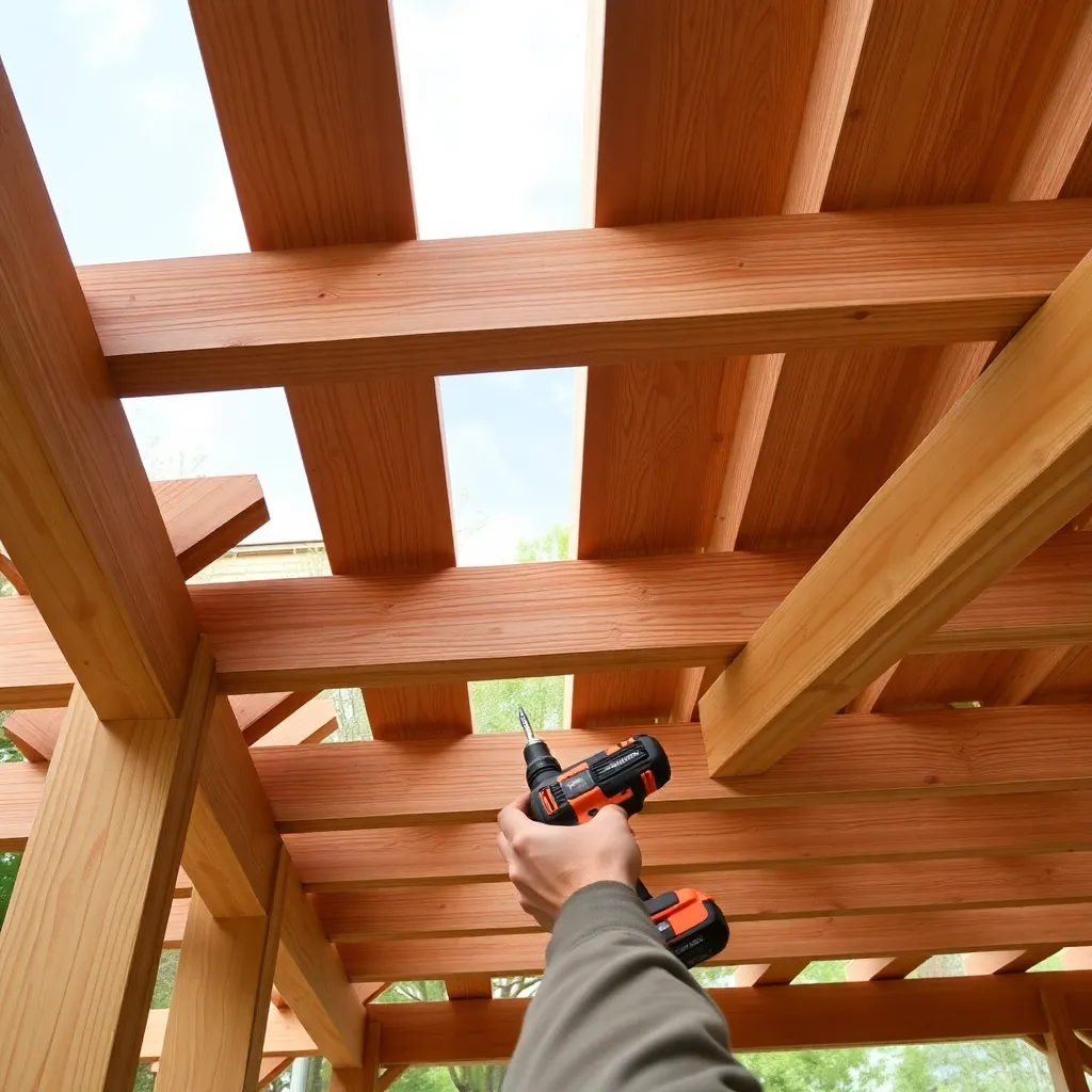 Installing cedar rafters with decorative tail cuts across pergola beams