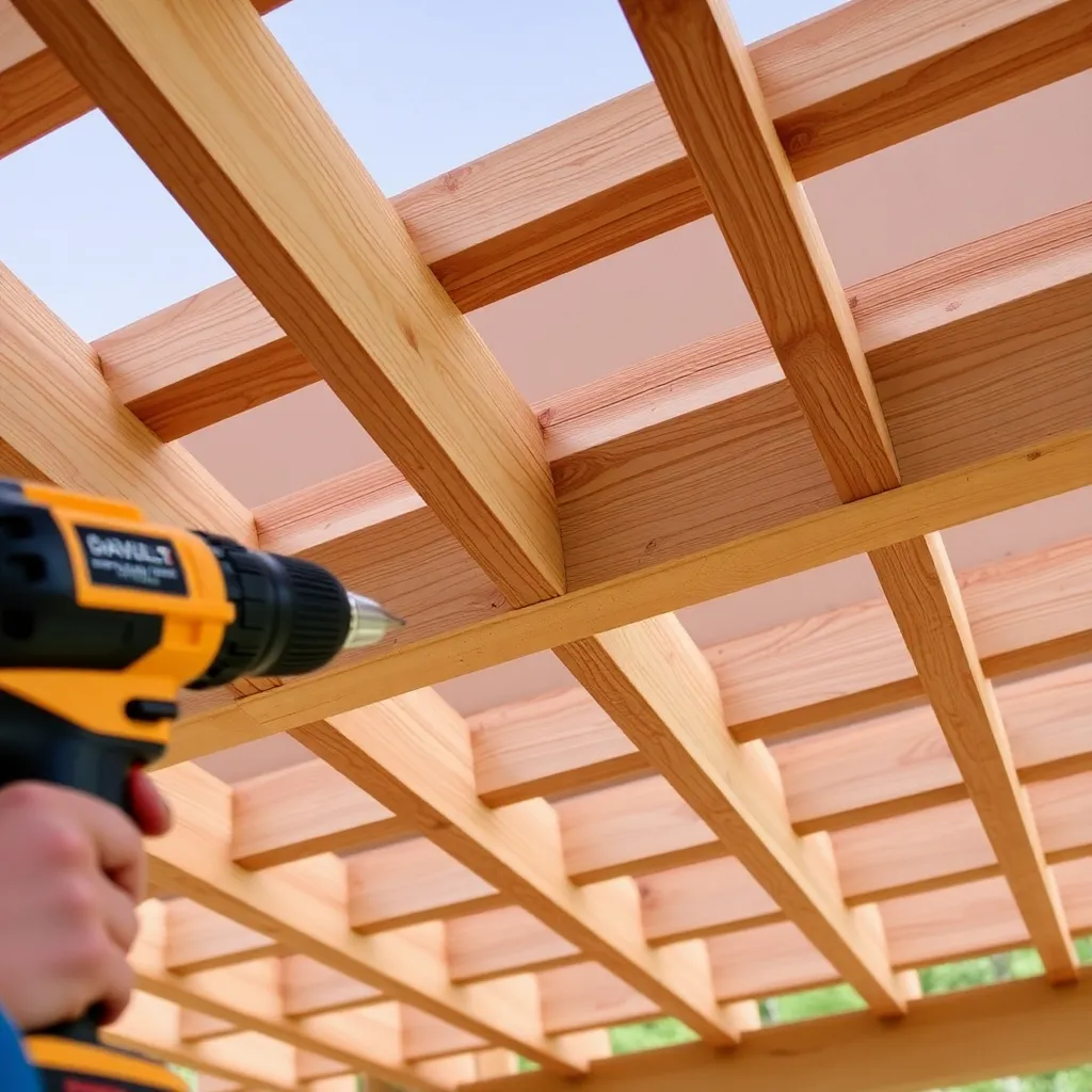Cedar purlins being screwed across pergola rafters to complete the roof grid