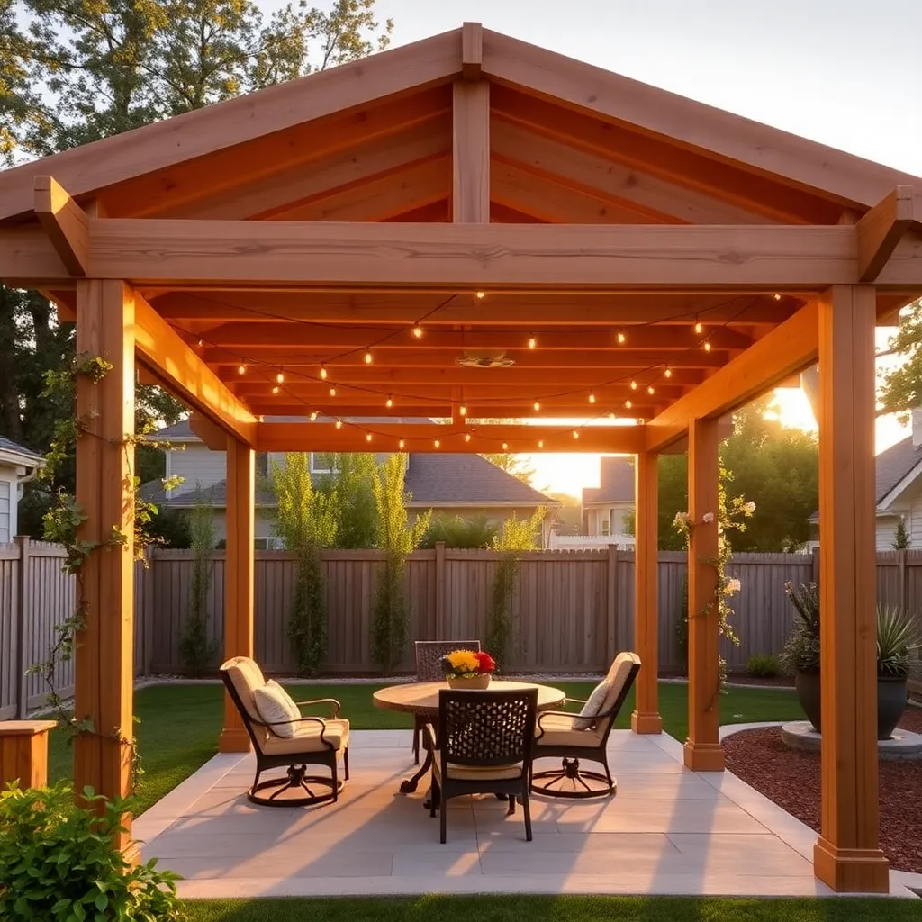 Beautiful finished DIY cedar pergola with patio furniture and string lights in a backyard