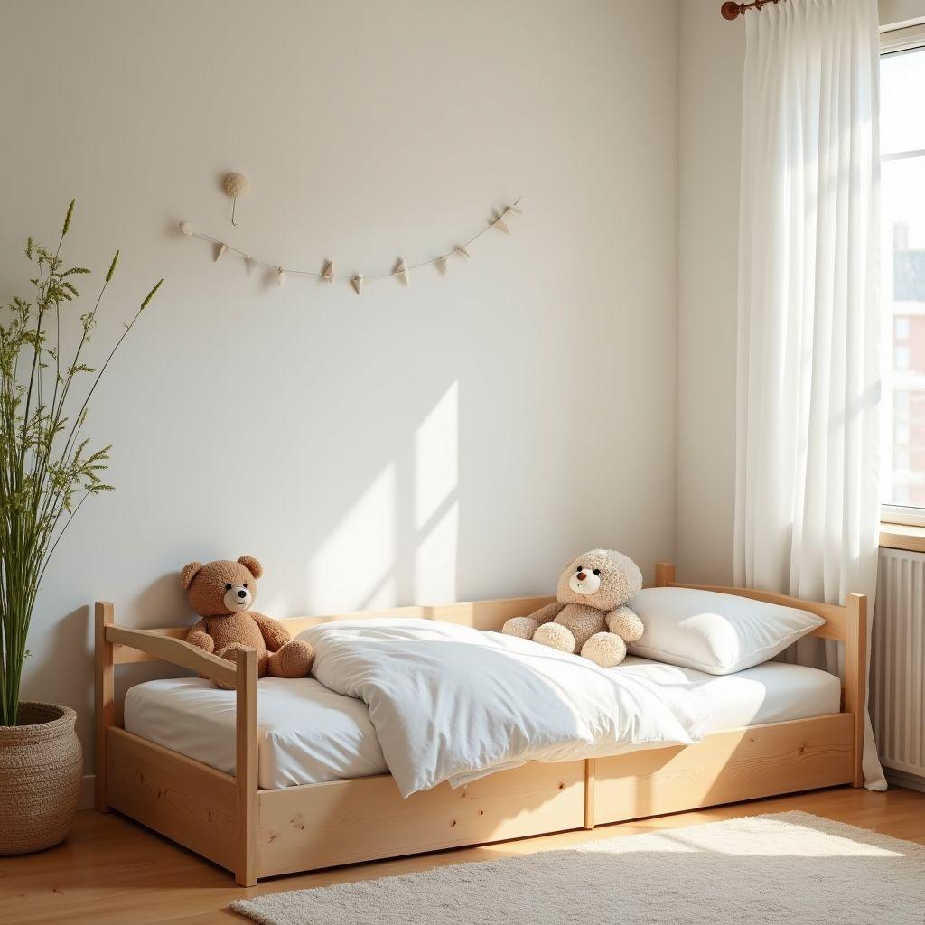 DIY toddler floor bed in Montessori children bedroom, low pine frame 6 inches off ground