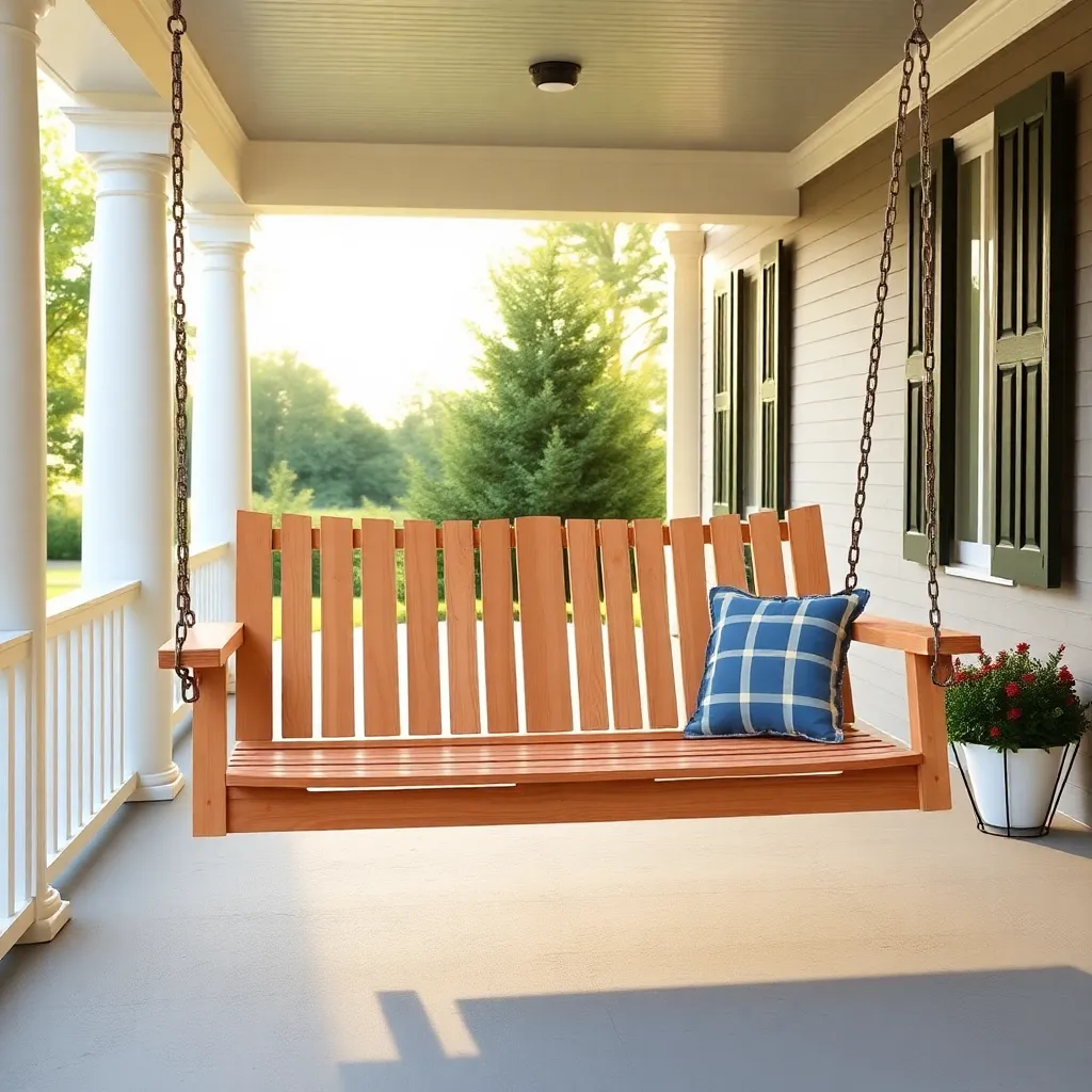 Beautiful 60-inch cedar double porch swing with three adults on wide covered porch with white columns