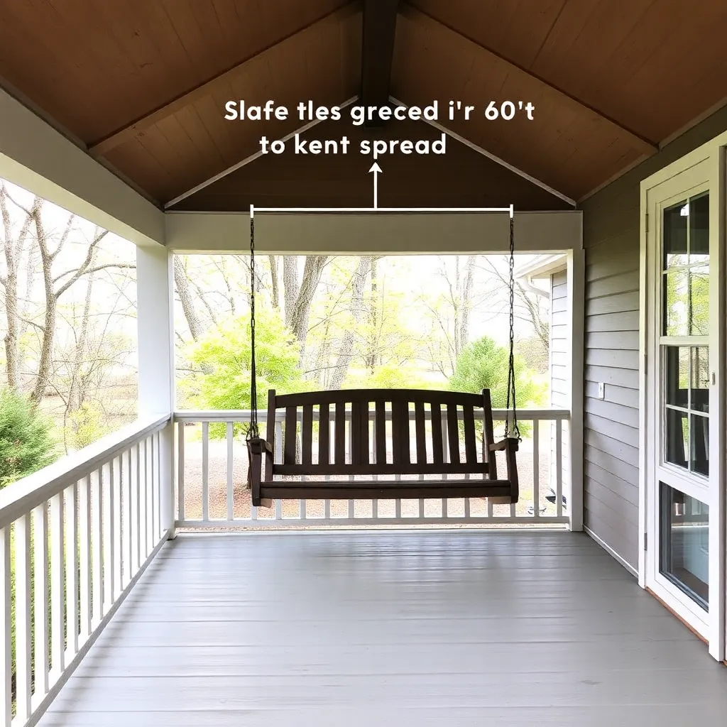 Wide 10-foot covered porch with large ceiling beam showing space for a 60-inch double porch swing