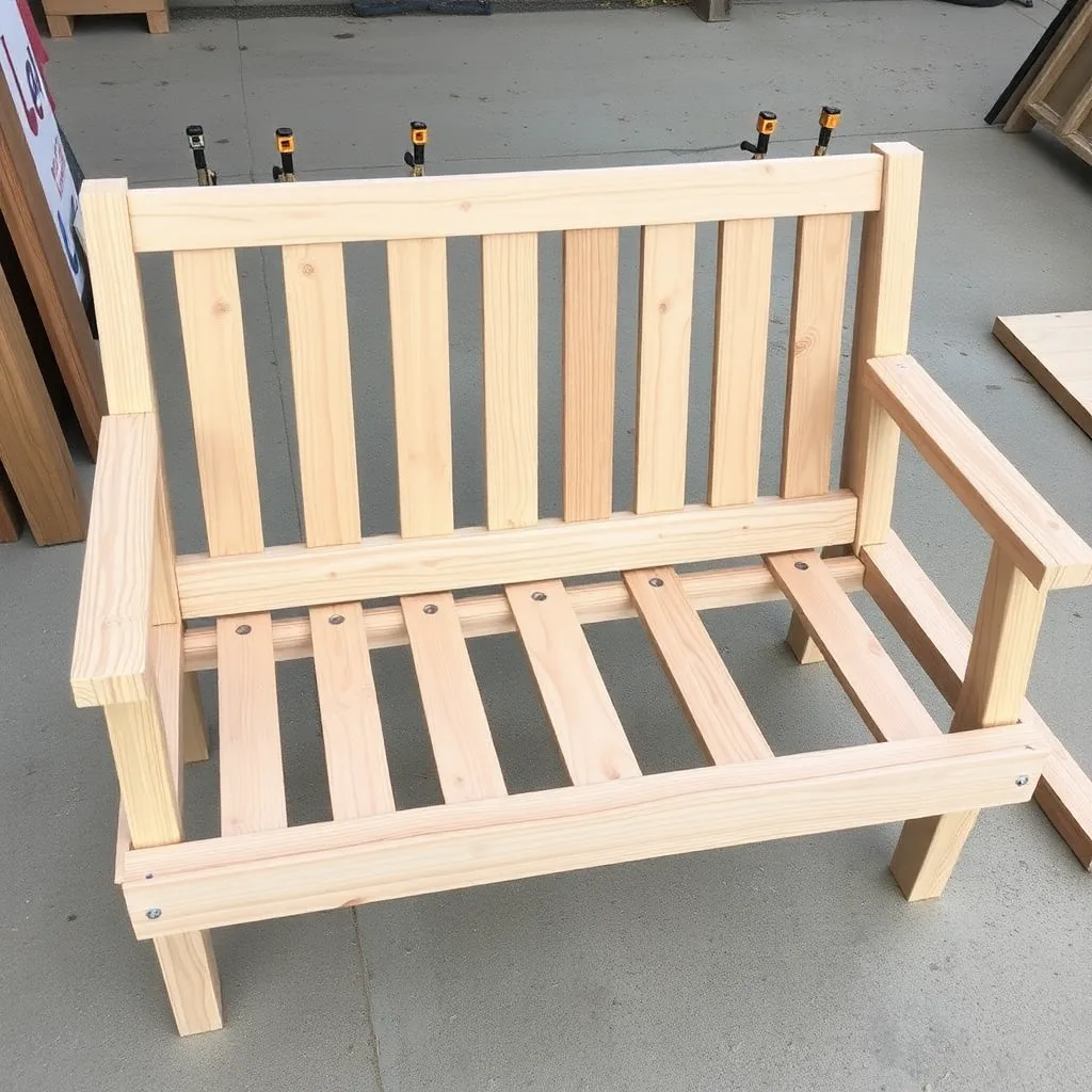 2x6 cedar seat frame for 60-inch double swing with center support and corner cleats being assembled