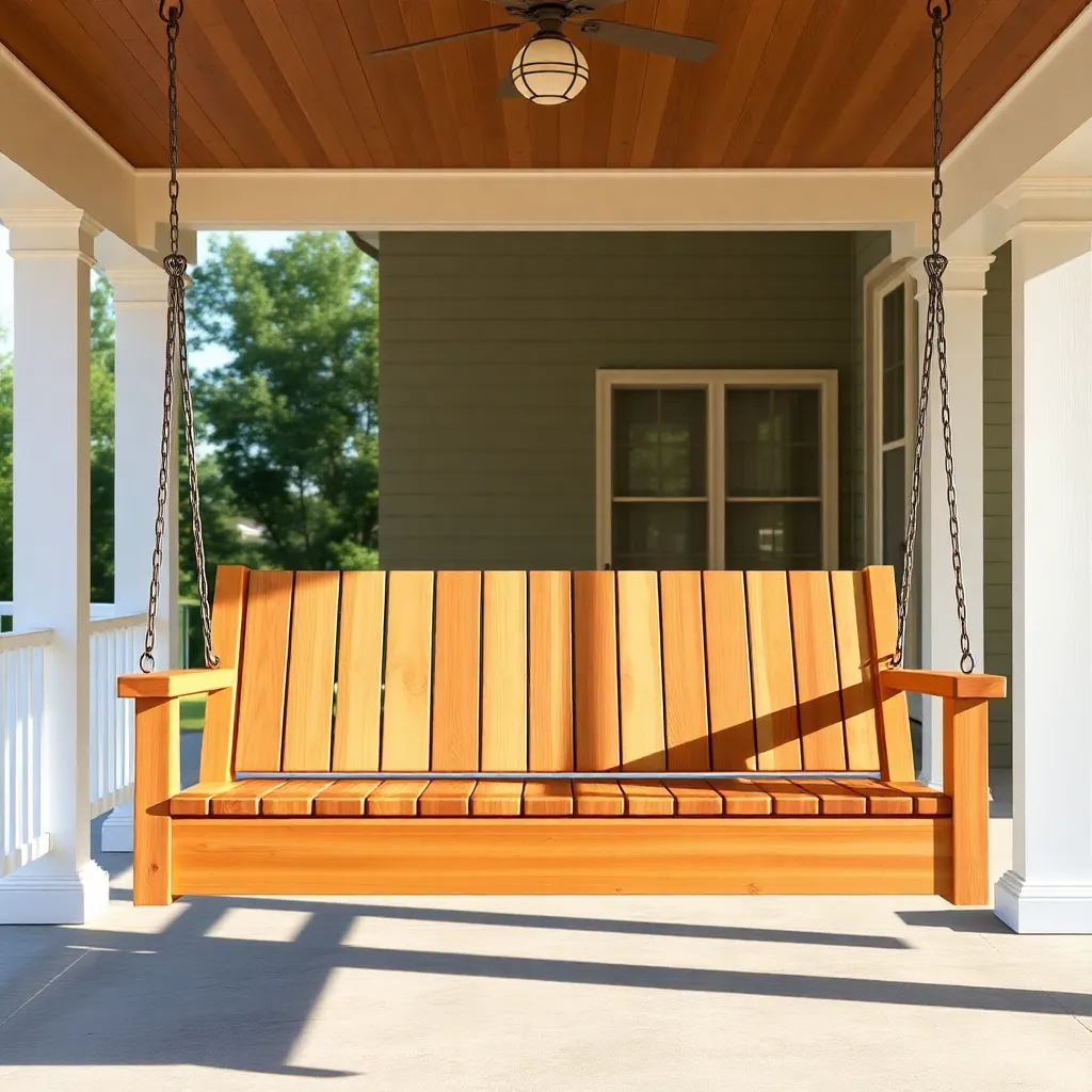 Finished 60-inch wide cedar double porch swing with three adults seated on wide covered porch