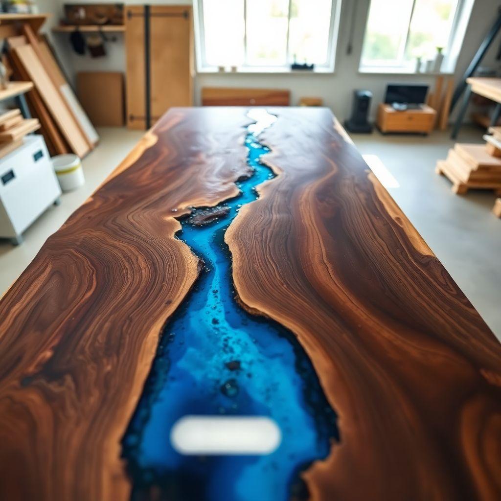 DIY epoxy river table with walnut live edge and blue resin channel woodworking trend 2026