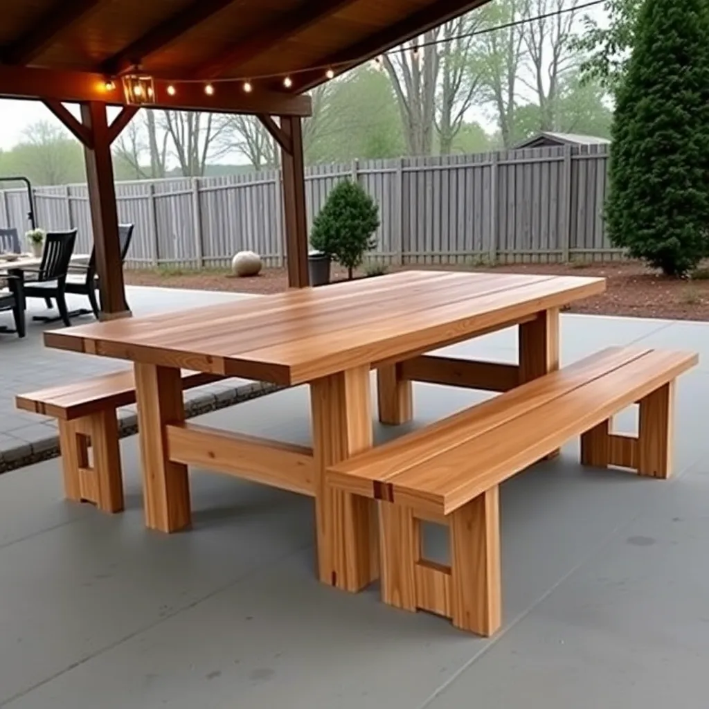 Elegant farmhouse outdoor picnic table with 4x4 legs thick wood top and detached benches on covered patio