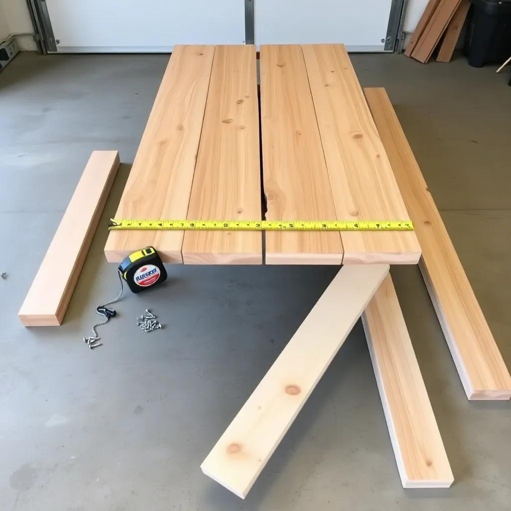 Cedar 4x4 posts 2x8 boards and hardware laid out on a garage floor for building a farmhouse picnic table