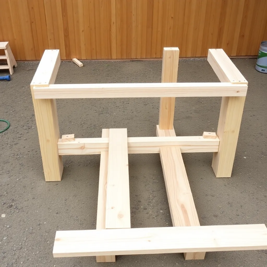 Farmhouse picnic table base frame with 4x4 cedar posts and apron boards being assembled with lag screws