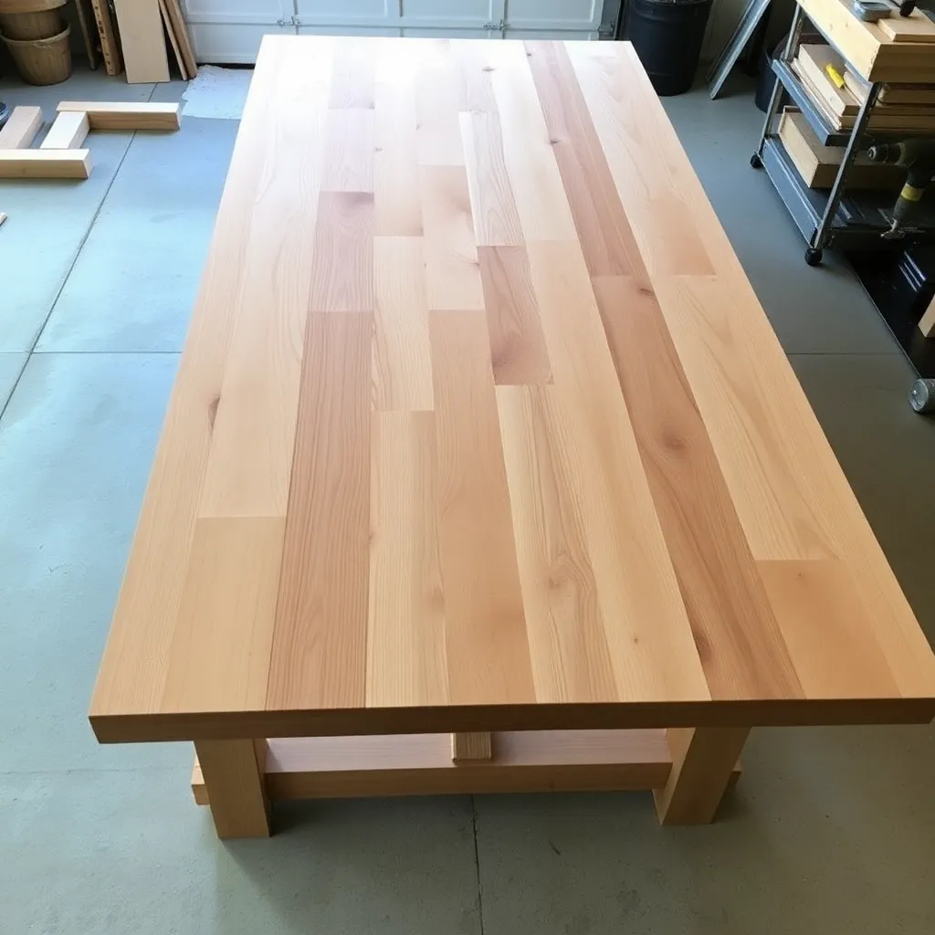 Three 2x8 cedar boards being joined with underside cleats to form a farmhouse picnic table top