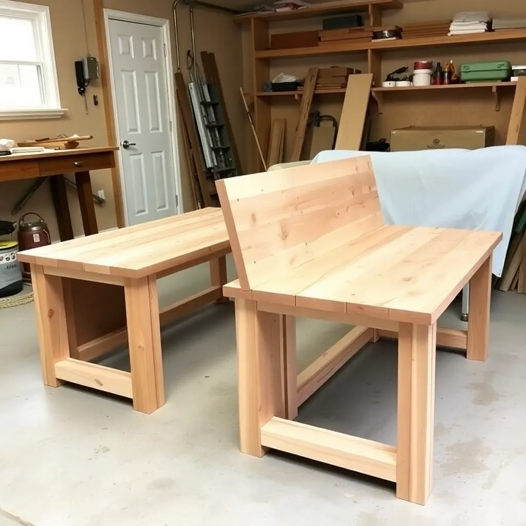 Two detached farmhouse picnic bench seats with box frame bases and wide cedar tops being built in a garage