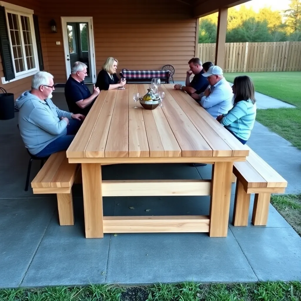 Finished farmhouse cedar picnic table with detached benches and six people dining on a covered patio at evening