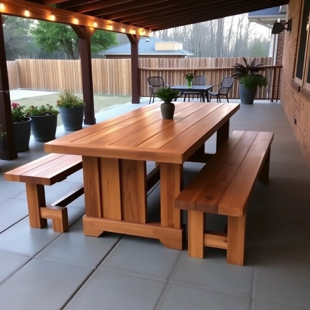 Beautiful farmhouse cedar outdoor dining table with thick plank top and detached benches on a covered patio