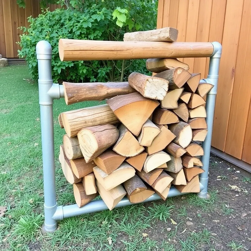 DIY galvanized steel pipe firewood rack with split wood in backyard - Step 2: Build the Steel-Pipe Rack