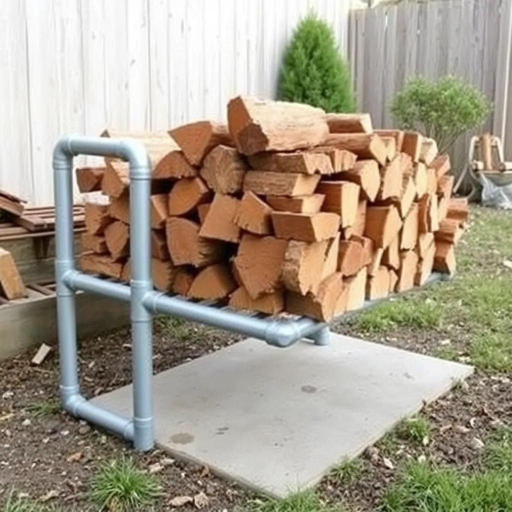 DIY galvanized steel pipe firewood rack with split wood in backyard - Step 3: Build the 8-Foot Lumber Rack