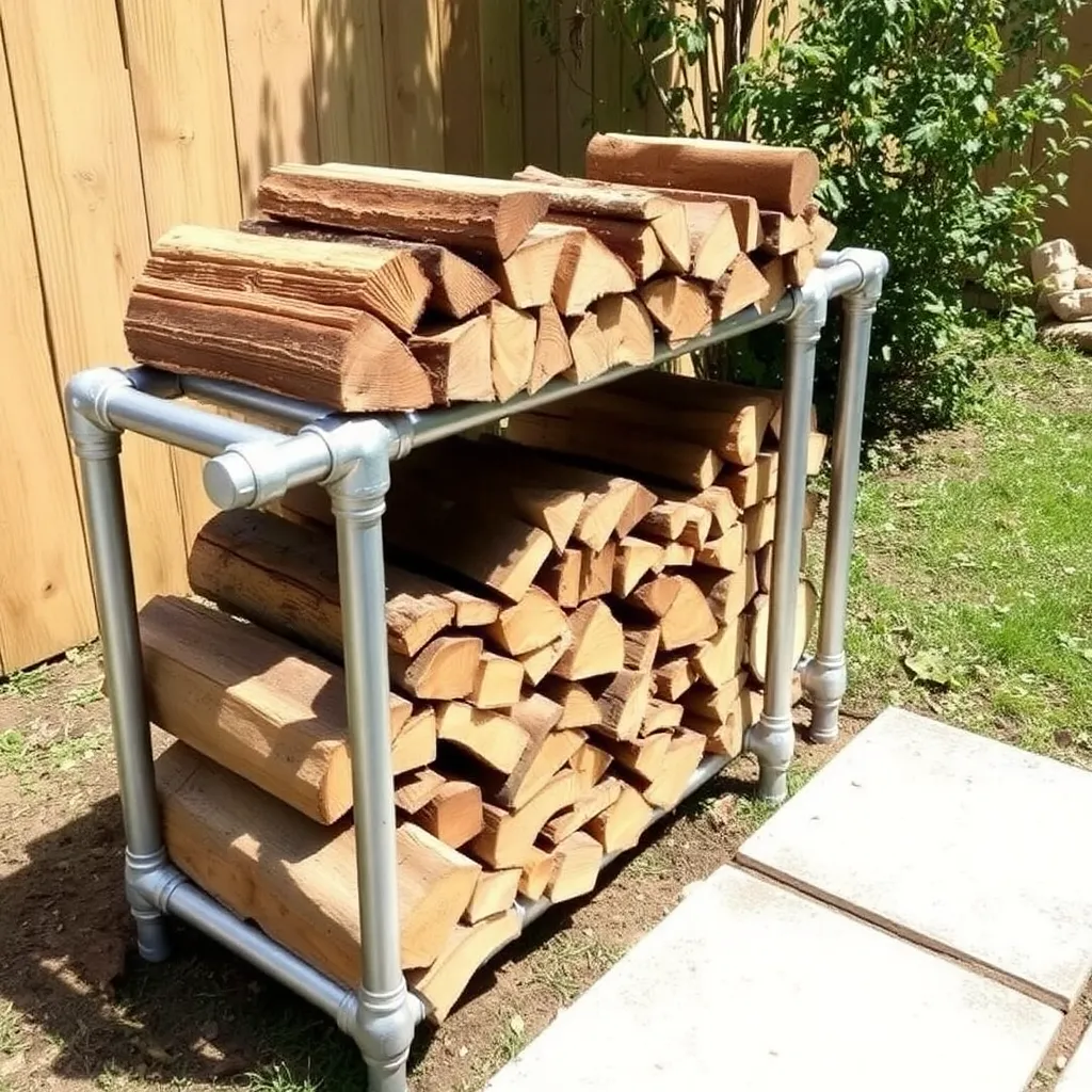 DIY galvanized steel pipe firewood rack with split wood in backyard - Step 5: Cover the Rack (Without Covering the Sides)