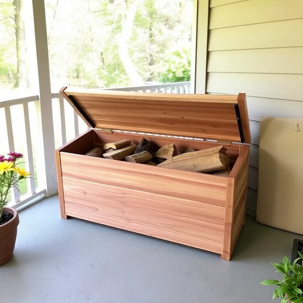 DIY cedar firewood storage box with hinged lid on covered porch - Step 3: Add Cladding and Slatted Base