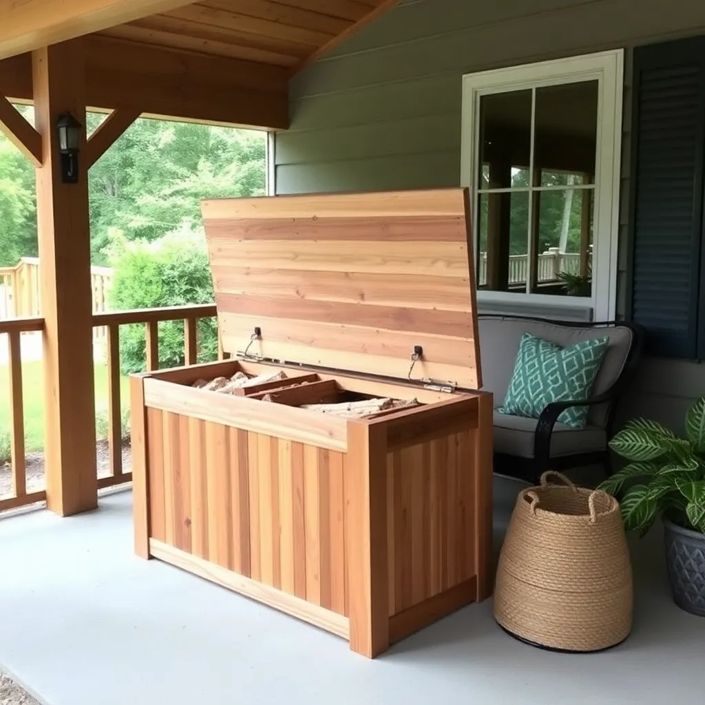 DIY cedar firewood storage box on covered porch