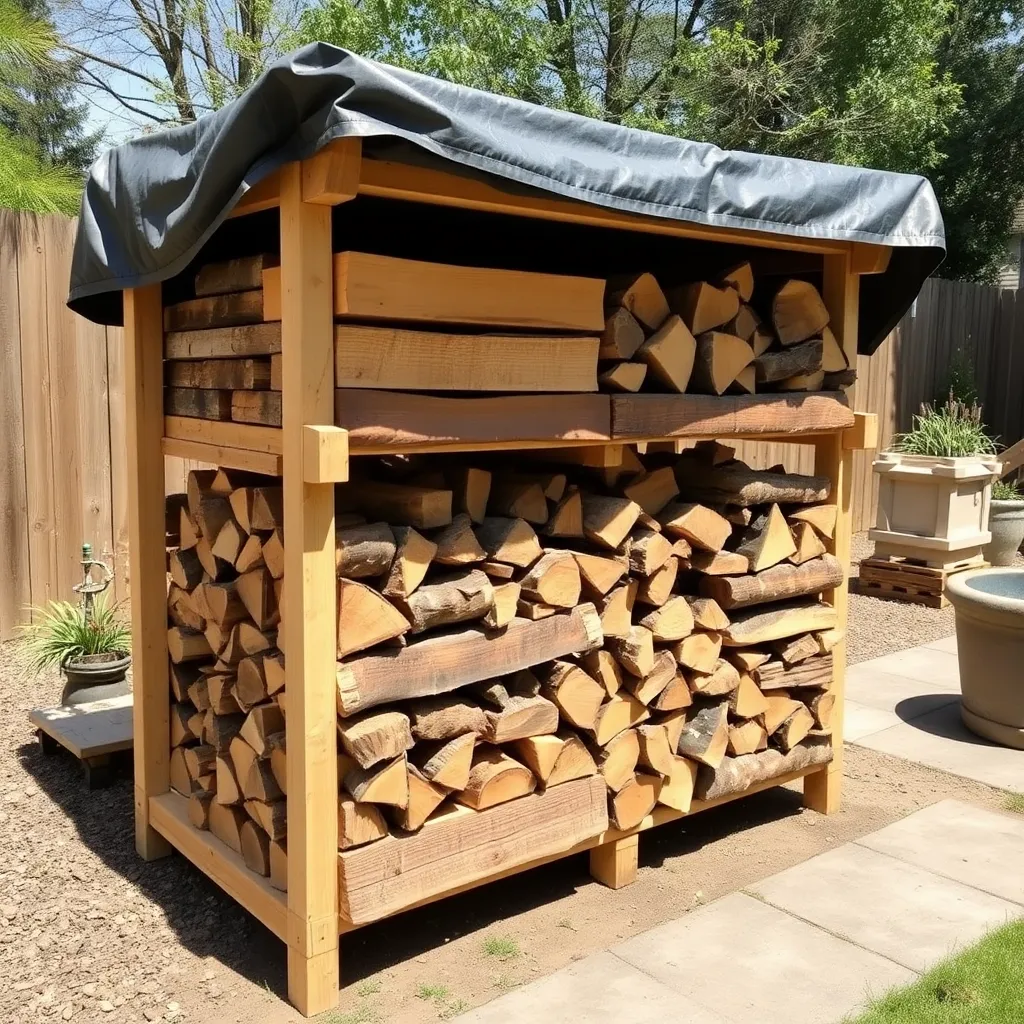 Neatly stacked firewood on DIY lumber rack in backyard